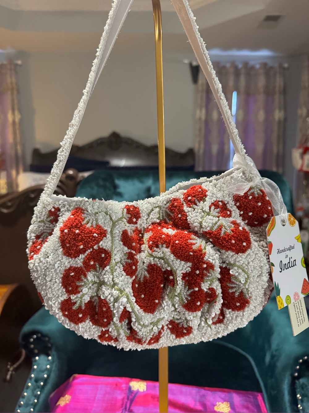 NWT Handcrafted in India 3D Strawberry Beaded Crescent Bag White